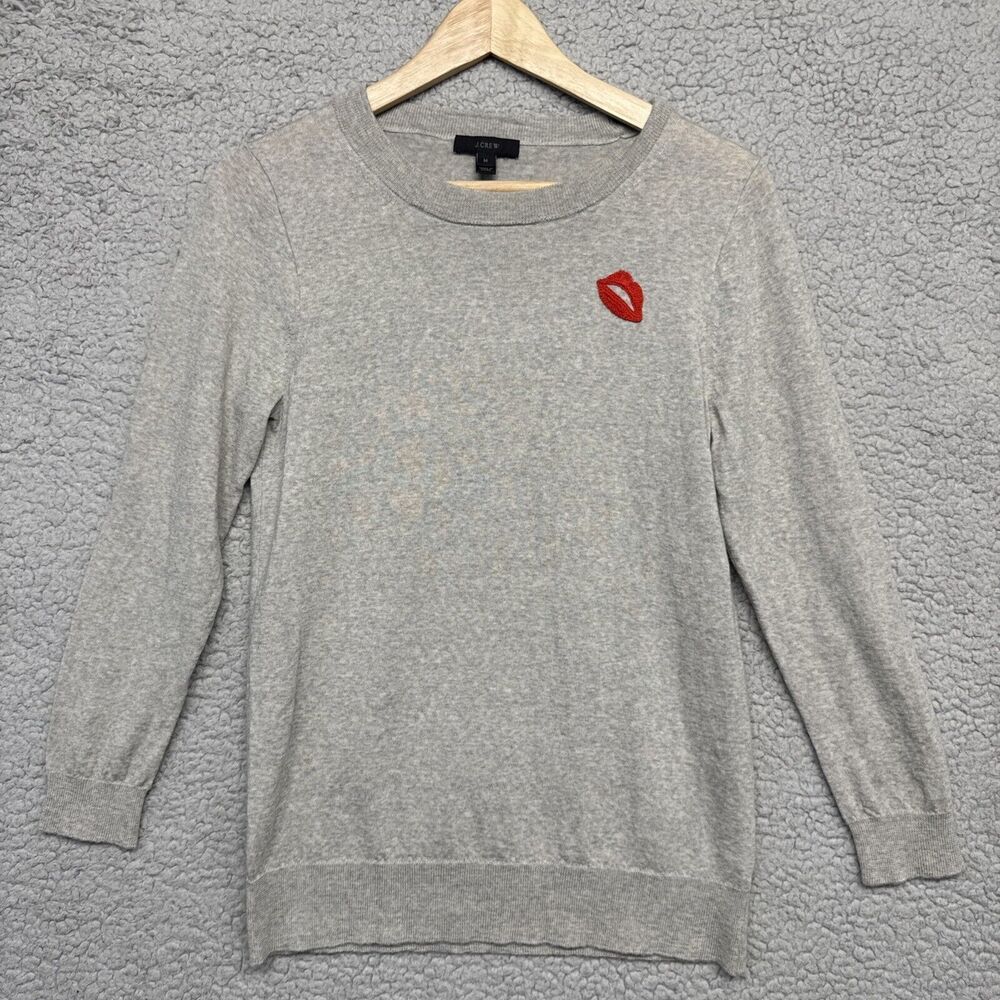 J.Crew Women's Tippi Sweater Embroidered Red Lips Size M Gray Soft Crew Neck.